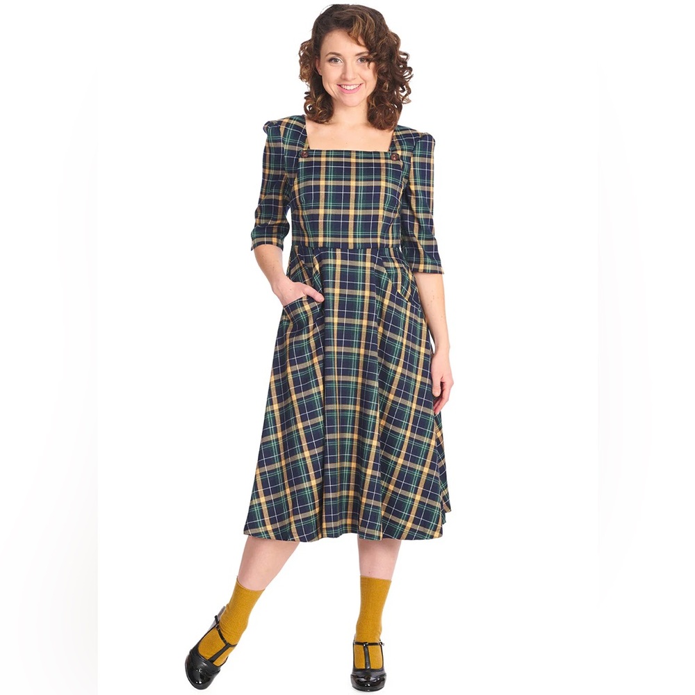 Plaid Midi Dress with Square Neck in Navy and Green